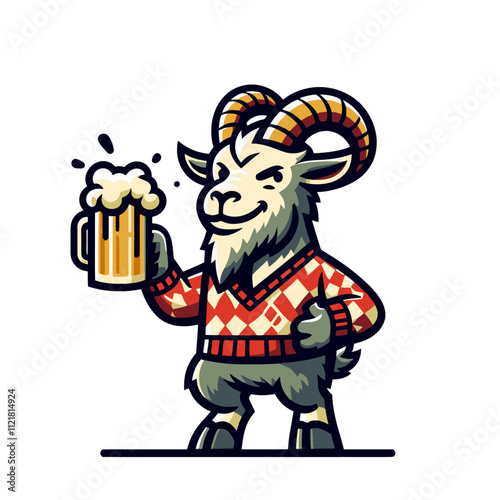 Stylish goat in a festive sweater holding a frothy beer mug with a confident smile. A creative and cheerful pub-themed design. Isolated vector illustration.