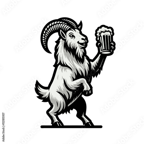 Stylish goat standing on two legs, holding a frothy beer mug with a confident pose in monochrome. Classic and bold design for pub and western themes. Isolated vector illustration.