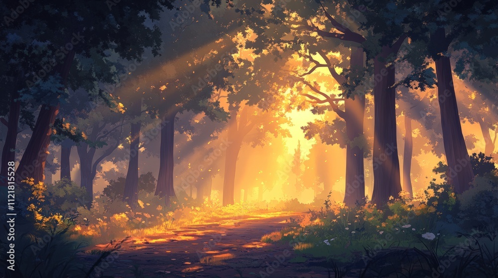 Sunlit forest path, golden hour, magical ambiance. Sunlit forest path, golden hour, magical ambiance.