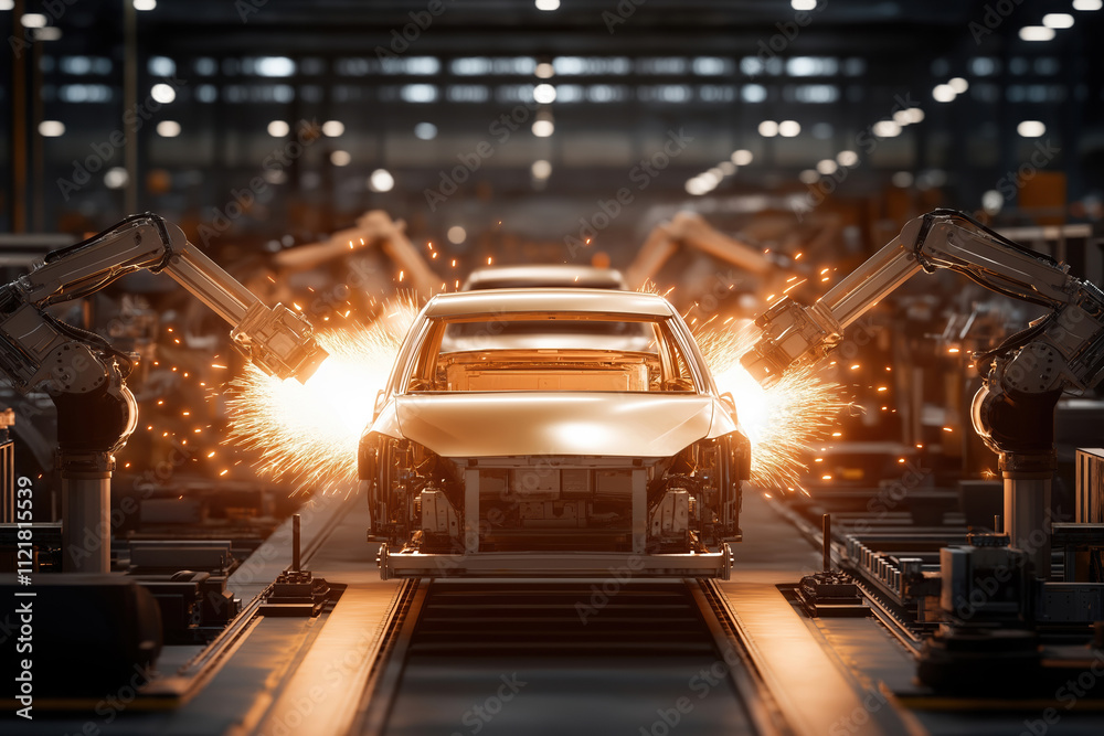Fototapeta premium Automated car manufacturing process with robotic arms creating sparks at factory