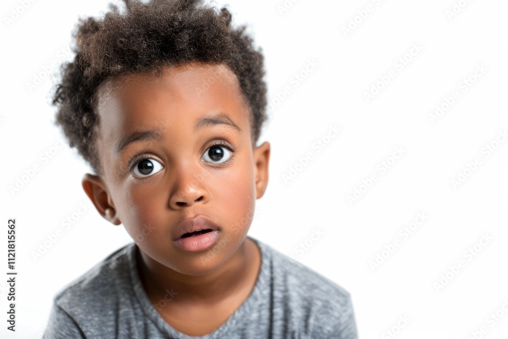 Young Boy with Curious Expression and Big Eyes, Wearing Grey Shirt, Isolated on White Background, Perfect for Family and Childhood Themes, Close-Up Portrait Young Boy with Curious Expression and Big Eyes, Wearing Grey Shirt, Isolated on White Background, Perfect for Family and Childhood Themes, Close-Up Portrait