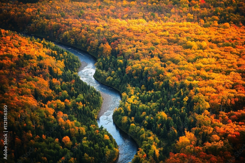 Aerial view of a winding river cutting through a dense forest in autumn. Aerial view of a winding river cutting through a dense forest in autumn.