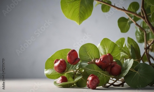 Anacardium occidentale leaves isolated against bright light, succulent illumination, botanical photography photo