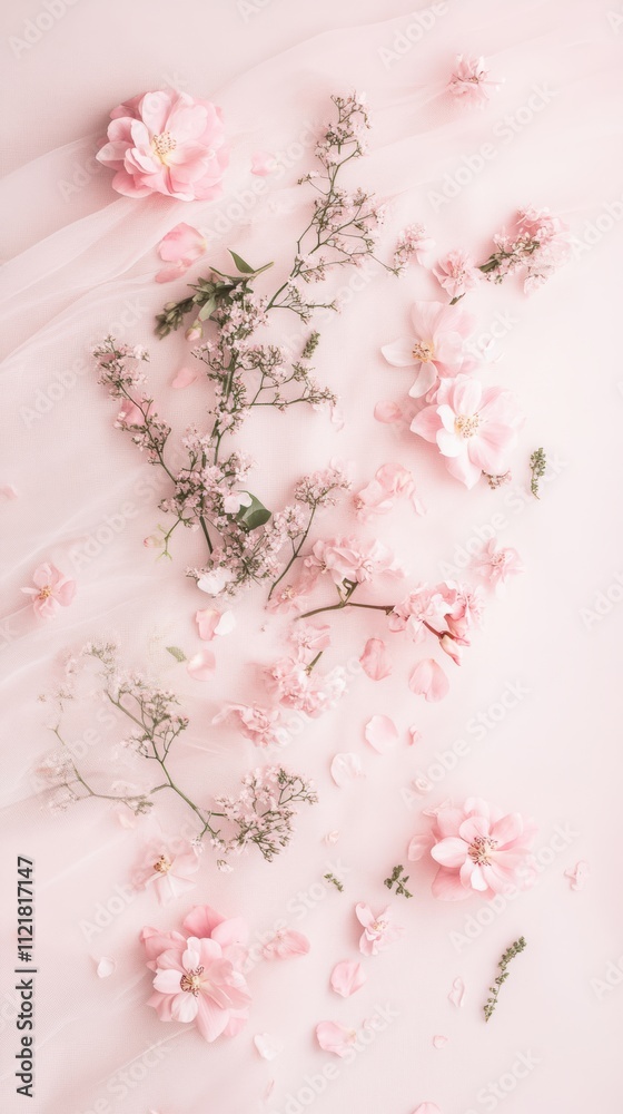 Pink background with orchids roses and petals for spring decor Pink background with orchids roses and petals for spring decor