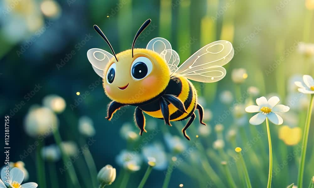 Adorable Cartoon Bee in Flight Over a Field of Daisies Adorable Cartoon Bee in Flight Over a Field of Daisies