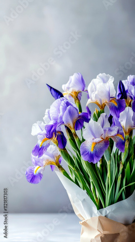 Elegant bouquet of irises for special occasions like birthdays, weddings, or Valentine’s day. Vertical banner. Copy space. Mother Day. Womens Day. Violet flowers on a grey background photo