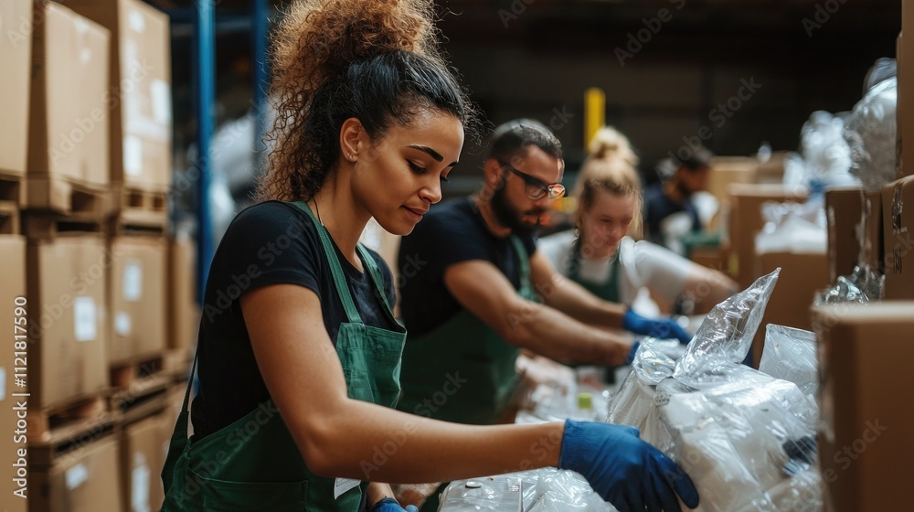 Obraz premium Volunteers sorting through donations in a warehouse. 