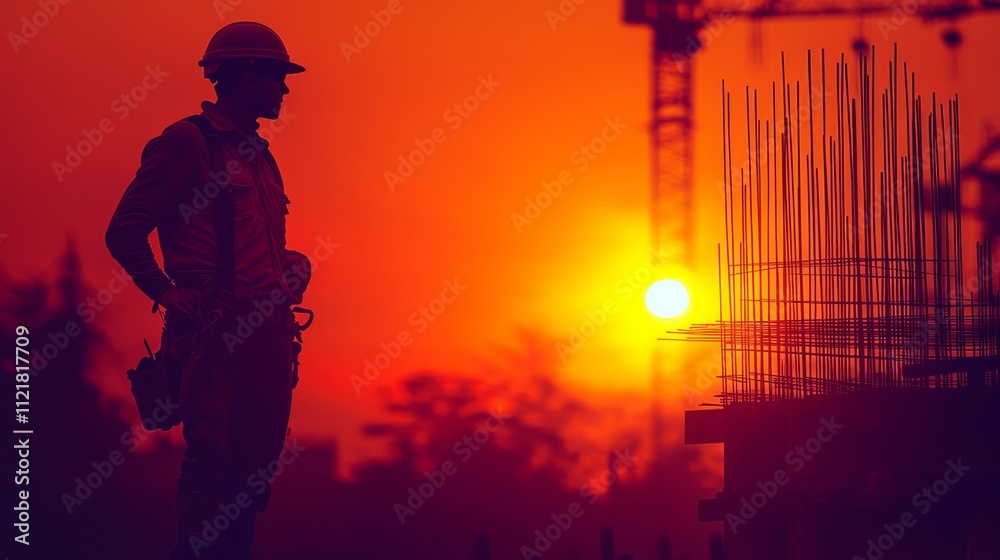 A construction worker standing in front of a construction site at sunset A construction worker standing in front of a construction site at sunset