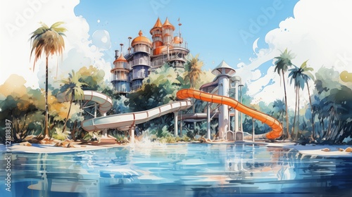 A clean and vibrant digital illustration of a tropical paradise waterpark on a white background.