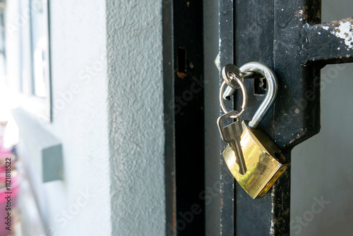 Generated imageGolden Padlock with Keys Hanging on Dark Door - Security Detail with White Textured Wall Background photo