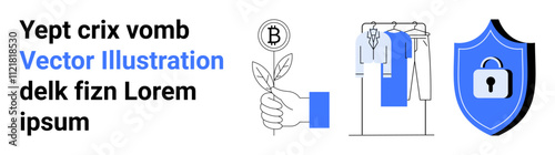 Hand holding a plant with Bitcoin symbol, clothes on a rack, and a shield with a lock. Ideal for finance, security, organization, growth, investment digital currency e-commerce. Landing page