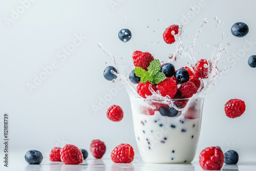Fresh berries create a splash in a creamy dessert cup on a bright surface