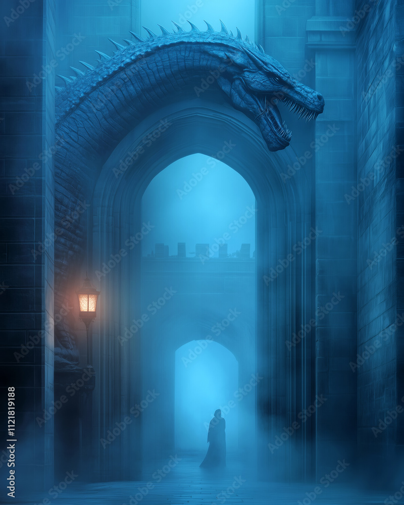 Fototapeta premium Mysterious figure walks under dragon archway at night