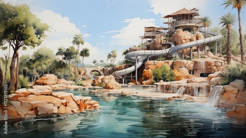 A stunning watercolor depiction of a tropical beach waterpark, featuring waves, slides, and lush surroundings.
