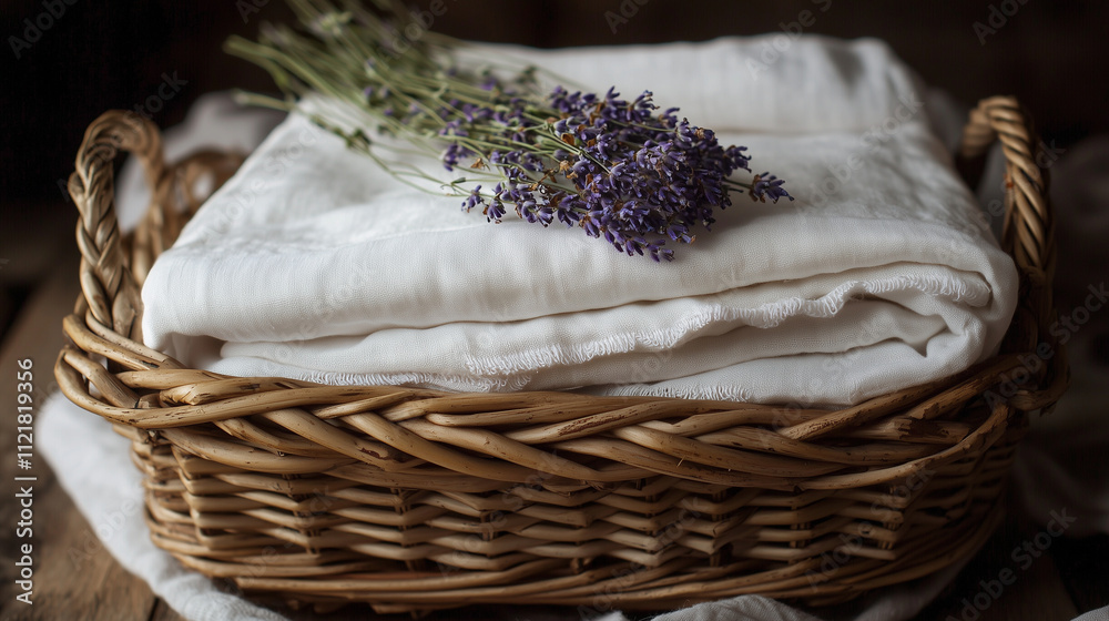 Obraz premium A woven wicker basket with a tight, textured weave, filled with folded white linens and sprigs of dried lavender, exuding a rustic charm.