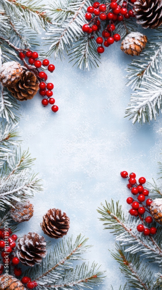 Snowy fir branches and berries christmas border flat lay Snowy fir branches and berries christmas border flat lay