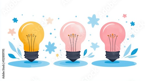 Three light bulbs in a row with blue and pink flowers