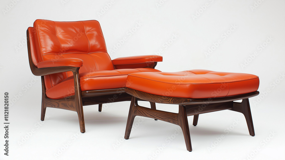 A mid-century modern armchair with vibrant orange leather cushions, tapered walnut legs, and a matching ottoman, the intricate wood grain visible. A mid-century modern armchair with vibrant orange leather cushions, tapered walnut legs, and a matching ottoman, the intricate wood grain visible.