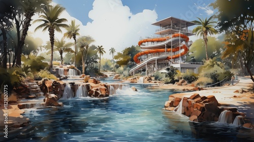 Tropical watercolor showcasing a vibrant waterpark by the beach with lush greenery, creative slides, and refreshing waves.