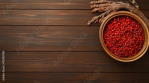 Dried red chili peppers rest in an oval bowl on a wooden table. Some chilies spill out onto the surface, creating a vibrant arrangement against a black cloth backdrop photo