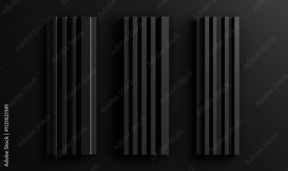 Obraz premium 黒い背景と模様のある立体的な黒い形状が並ぶアート作品