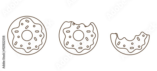 Isolated donuts collection for business. Illustration of eaten ponchin. Fast food, quick meal concept. Sign and symbol for confectionery, bakery.