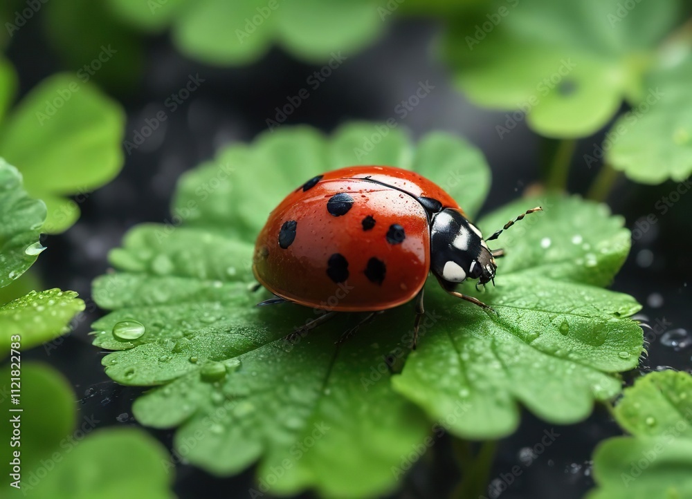 Detailed shot of a ladybug crawling on a wet four-leaf clover, green foliage, ladybug Detailed shot of a ladybug crawling on a wet four-leaf clover, green foliage, ladybug
