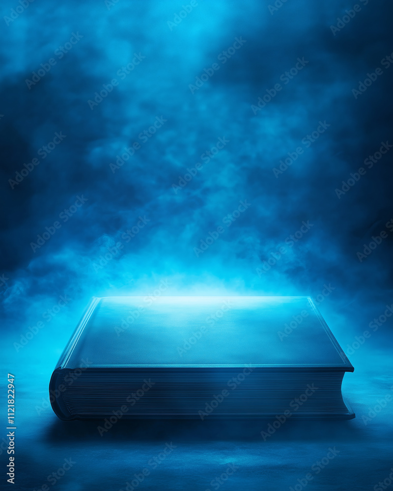 Book illuminated by mysterious blue light in foggy atmosphere Book illuminated by mysterious blue light in foggy atmosphere