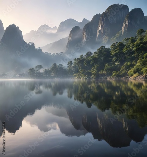 Early morning mist rising from the Botafogo lake with reflections of the surrounding mountains, mist, rio de janeiro, lake photo