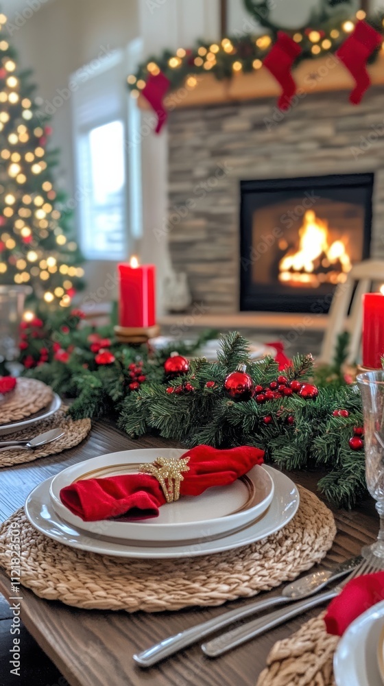 Festive christmas table decor with tree and fireplace background