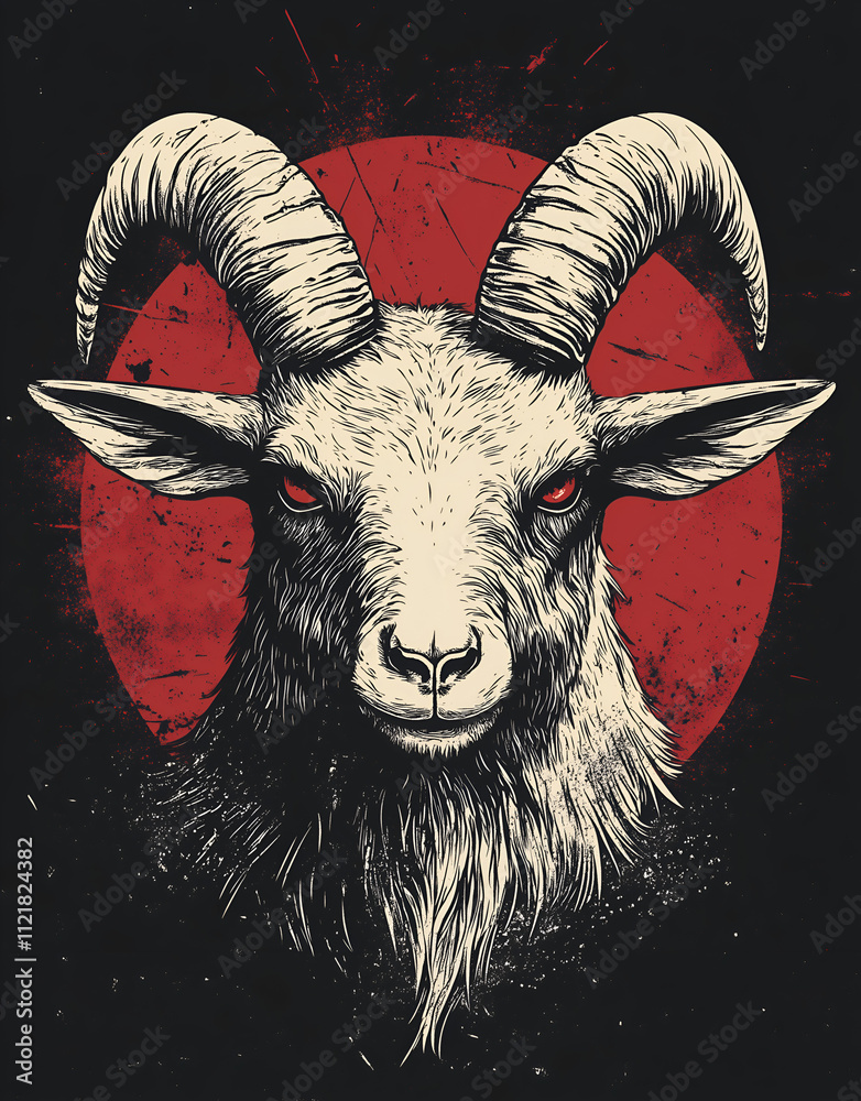 t-shirt design featuring an angry goat head with large horns, in a vintage horror style, on a black background. t-shirt design featuring an angry goat head with large horns, in a vintage horror style, on a black background.