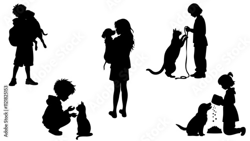 Stylish silhouettes set of children with cat and dog