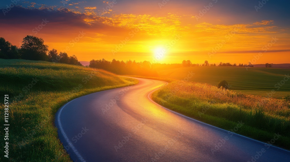 Fototapeta premium A Majestic Sunset Over the Winding Road Amidst Lush Green Fields and Vibrant Skies