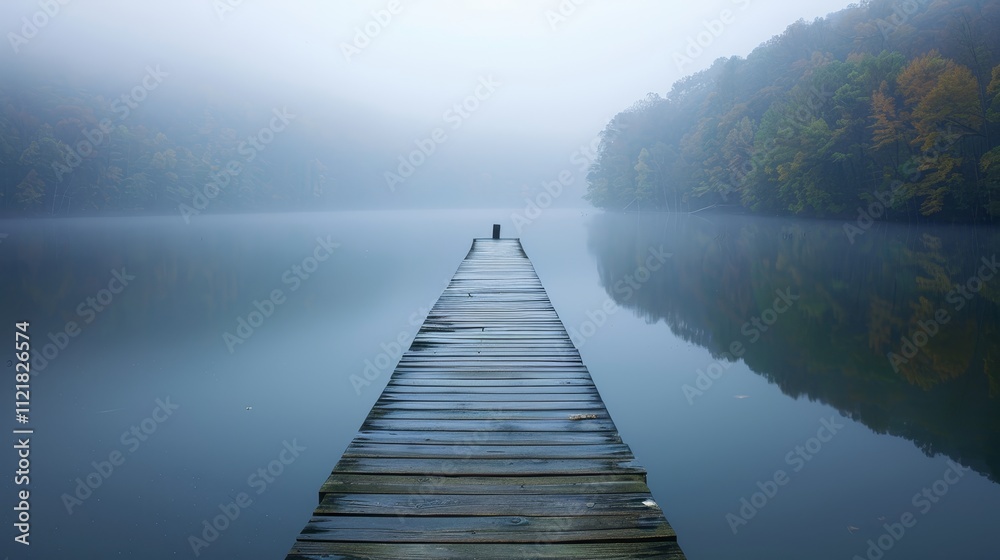 Fototapeta premium Serene wooden path leading to a tranquil lake nature landscape for minimalist wallpaper