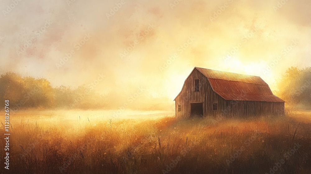 Rustic barn, golden sunset, tranquil field. Rustic barn, golden sunset, tranquil field.