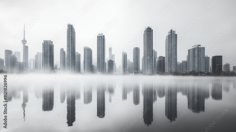 Obraz premium Urban skyline reflected in calm water with misty atmosphere