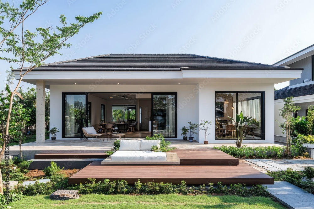 Fototapeta premium Modern residential architecture suburban area exterior design bright environment front view contemporary living concept