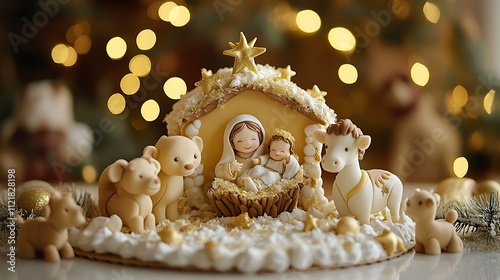 A beautiful Nativity Scene cake featuring fondant figures of Mary, Joseph, and Baby Jesus in a manger, surrounded by fondant animals, and a starry icing backdrop with shimmering edible glitter, photo