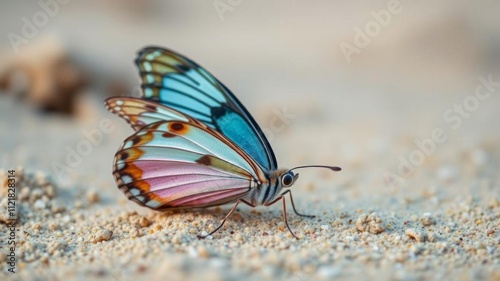 Butterfly prepona laerte resting gracefully on the sandy shore of a beach, macro, sand, tropical photo