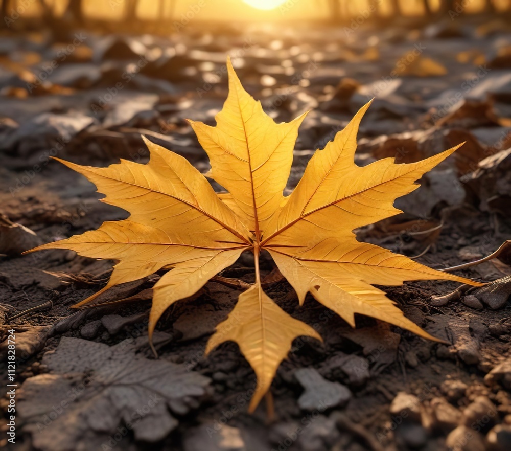 Golden acer leaf skeleton lying on the ground with a warm sunset glow, trees, acer, fading Golden acer leaf skeleton lying on the ground with a warm sunset glow, trees, acer, fading