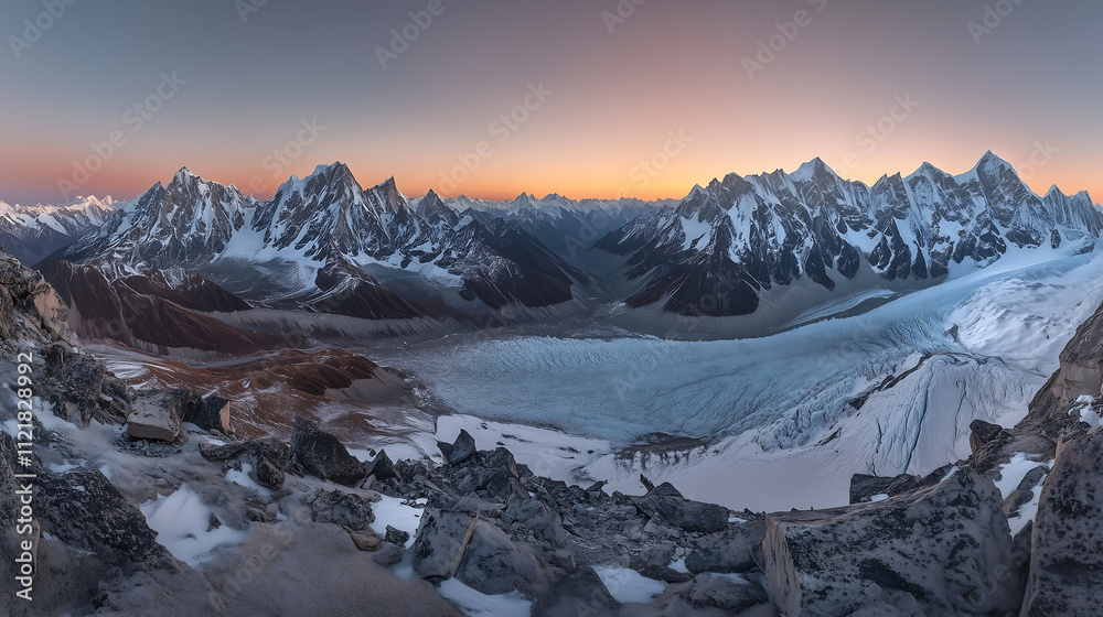 Obraz premium Sunset Panorama of Ama Dablam Summit with Snowy Peaks in the Himalayas, Nepal
