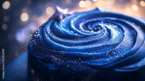 A celestial-themed cake featuring a midnight blue frosting canvas, detailed with swirling galaxy patterns, edible shooting stars, and glittering silver accents, photo