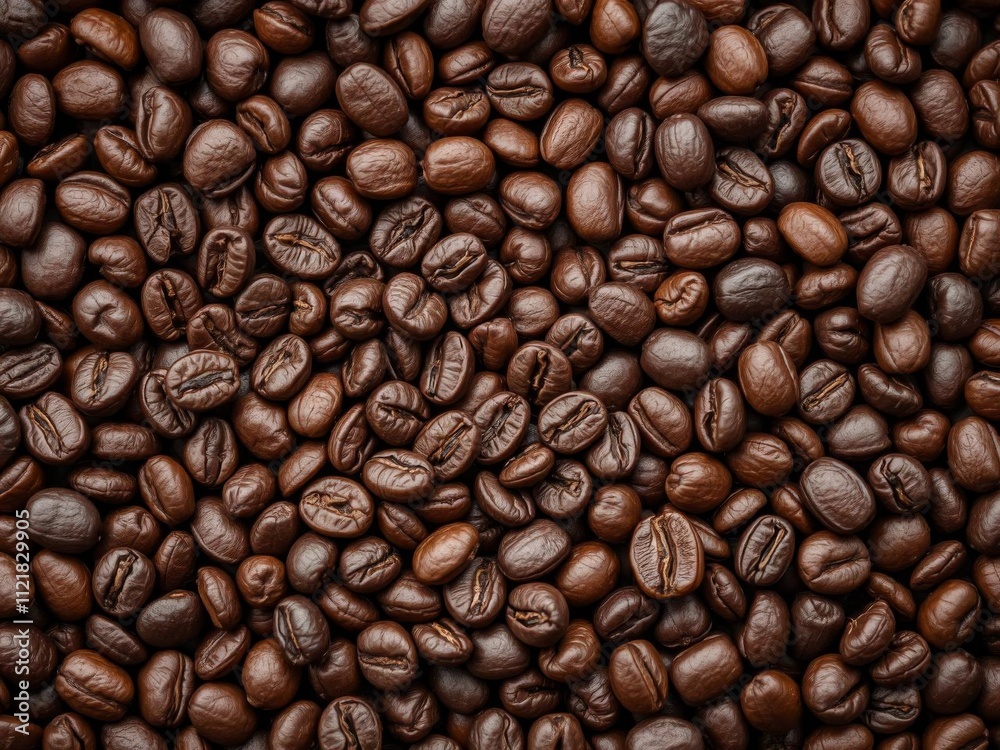 Fototapeta premium Close up of coffee beans focused on a small bean in the center, roasted, texture, background