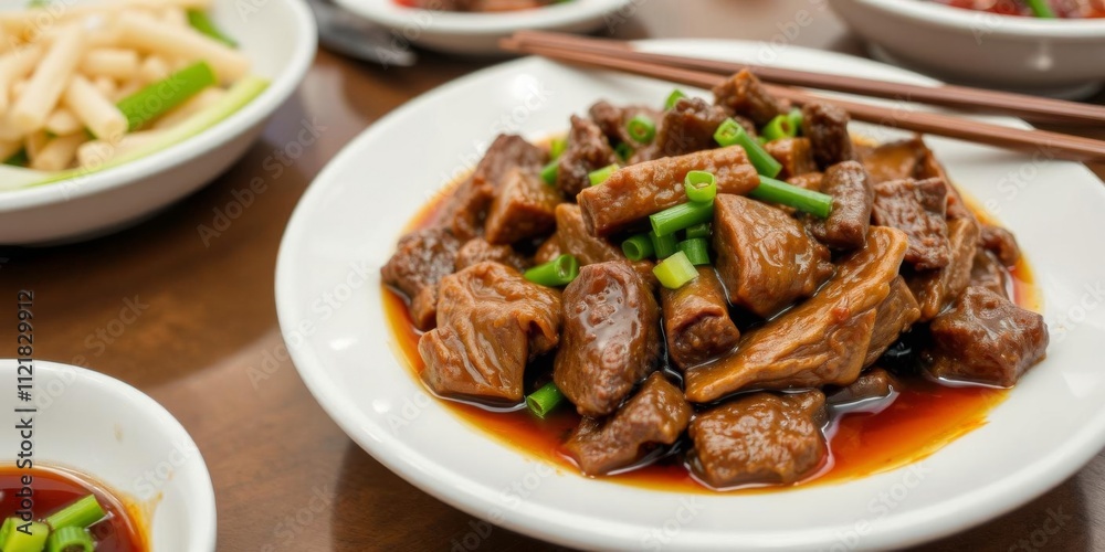 Close-up of delicious Chinese food braised beef dish in Shandong, China, braised beef, Chinese food, dish Close-up of delicious Chinese food braised beef dish in Shandong, China, braised beef, Chinese food, dish