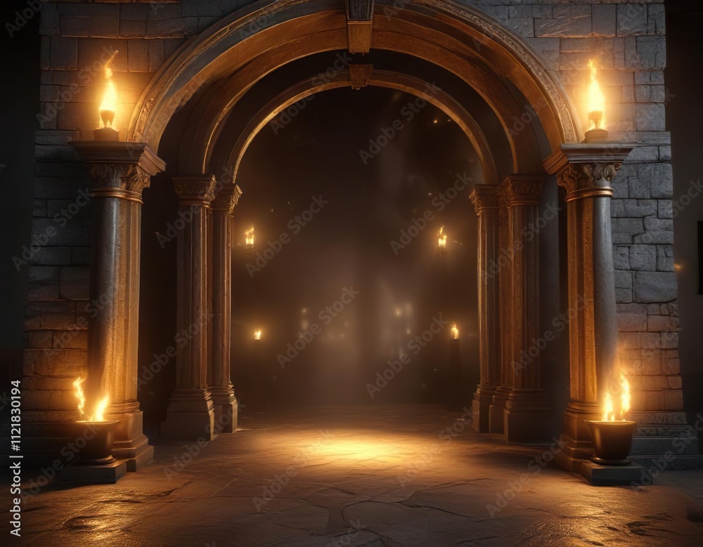 Fototapeta premium Majestic archway with golden lighting and flickering torches , torches, majestic, archway