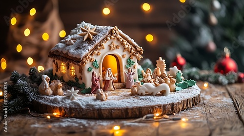 A charming Nativity Scene cake featuring a hand-crafted fondant nativity display, surrounded by detailed icing decorations of stars, holly, and snow, photo