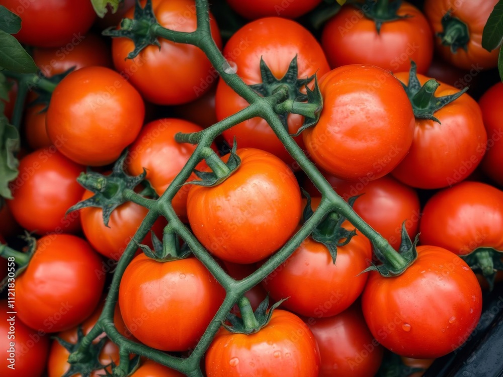 Close up of ripe red tomatoes with water droplets on top and bottom, centered in frame, ripe, group, vibrant Close up of ripe red tomatoes with water droplets on top and bottom, centered in frame, ripe, group, vibrant