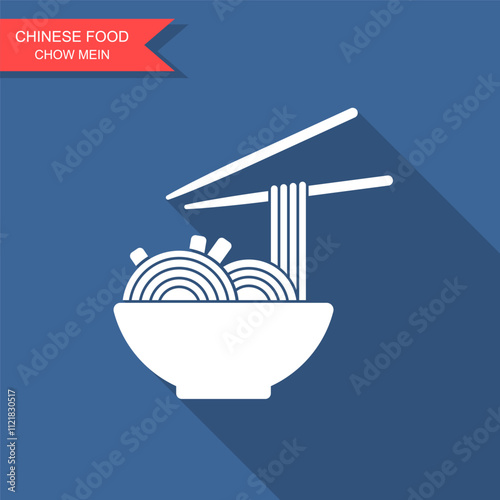 Bowl of chow mein noodles with chopsticks. Vector flat Illustration with long shadow