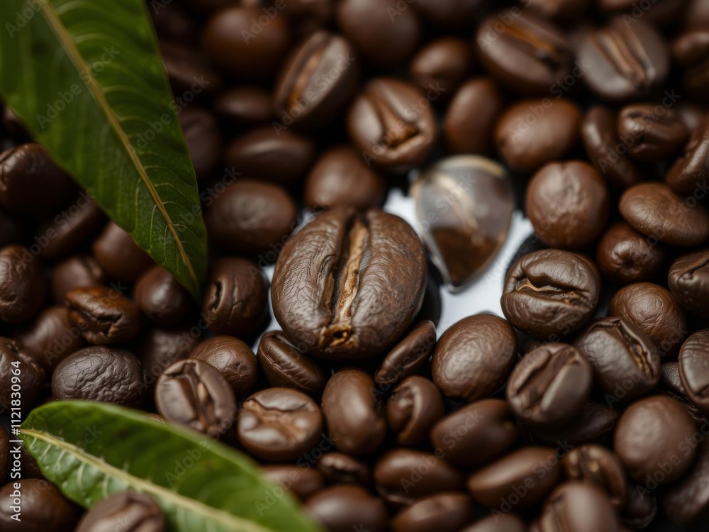 Fototapeta premium Close up shot of coffee beans with a single bean in the center, espresso, seed, coffee beans