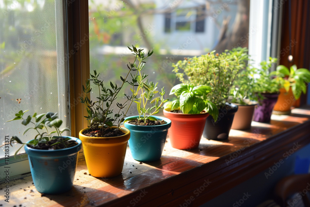 arrangement of small flower pot with green plants in a glass window arrangement of small flower pot with green plants in a glass window